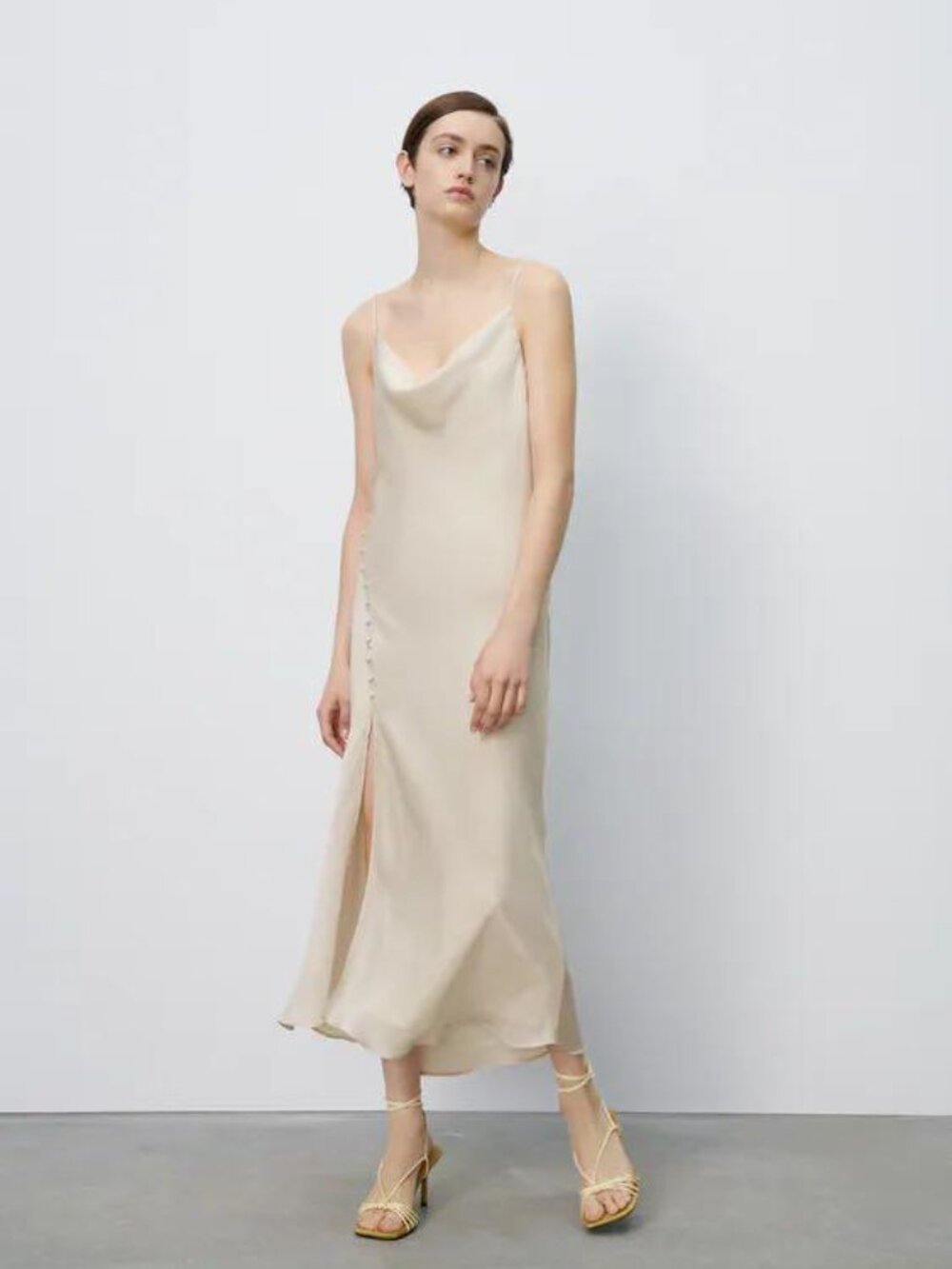 ZARA Cream Cowl Neck Satin-Effect Buttoned Slip Midi Dress Small 8604 - Picture 3 of 13